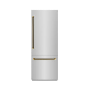 ZLINE Autograph 30" 16.1 cu. ft. Built-In Bottom Freezer Refrigerator with Water Dispenser and Ice Maker in Stainless Steel with Graphite Gray Interior and Champagne Bronze Helix Handles, GRBIVZ-30430KCB