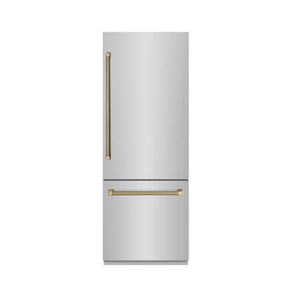 ZLINE Autograph 30" 16.1 cu. ft. Built-In Bottom Freezer Refrigerator with Water Dispenser and Ice Maker in Stainless Steel with Graphite Gray Interior and Champagne Bronze Helix Handles, GRBIVZ-30430KCB
