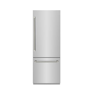 ZLINE Autograph 30" 16.1 cu. ft. Built-In Bottom Freezer Refrigerator with Water Dispenser and Ice Maker in Stainless Steel with Graphite Gray Interior and Polished Nickel Helix Handles, GRBIVZ-30430KPN