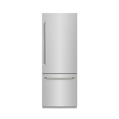 ZLINE Autograph 30" 16.1 cu. ft. Built-In Bottom Freezer Refrigerator with Water Dispenser and Ice Maker in Stainless Steel with Graphite Gray Interior and Polished Nickel Helix Handles, GRBIVZ-30430KPN