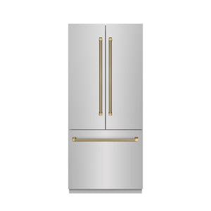 ZLINE Autograph 36" 19.6 cu. ft. French Door Built-In Bottom Freezer Refrigerator with Water Dispenser and Ice Maker in Stainless Steel with Graphite Gray Interior and Champagne Bronze Helix Handles, GRBIVZ-30436KCB