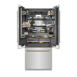 ZLINE Autograph 36" 19.6 cu. ft. French Door Built-In Bottom Freezer Refrigerator with Water Dispenser and Ice Maker in Stainless Steel with Graphite Gray Interior and Champagne Bronze Helix Handles, GRBIVZ-30436KCB