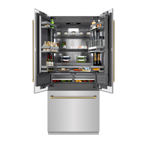 ZLINE Autograph 36" 19.6 cu. ft. French Door Built-In Bottom Freezer Refrigerator with Water Dispenser and Ice Maker in Stainless Steel with Graphite Gray Interior and Polished Gold Helix Handles, GRBIVZ-30436KG