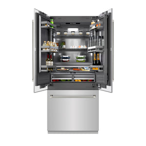 ZLINE Autograph 36" 19.6 cu. ft. French Door Built-In Bottom Freezer Refrigerator with Water Dispenser and Ice Maker in Stainless Steel with Graphite Gray Interior and Polished Nickel Helix Handles, GRBIVZ-30436KPN