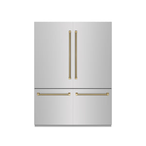 ZLINE Autograph 60" 32.2 cu. ft. French Door Built-In Bottom Freezer Refrigerator with Water Dispenser and Ice Maker in Stainless Steel with Graphite Gray Interior and Champagne Bronze Helix Handles, GRBIVZ-30460KCB