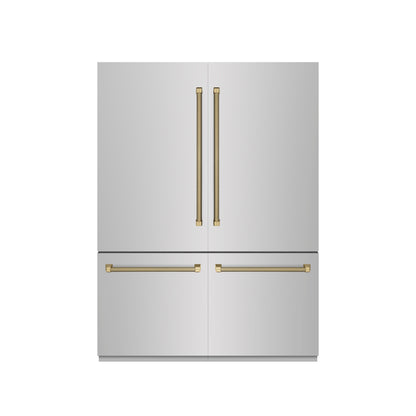 ZLINE Autograph 60" 32.2 cu. ft. French Door Built-In Bottom Freezer Refrigerator with Water Dispenser and Ice Maker in Stainless Steel with Graphite Gray Interior and Champagne Bronze Helix Handles, GRBIVZ-30460KCB