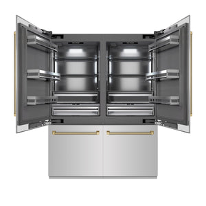 ZLINE Autograph 60" 32.2 cu. ft. French Door Built-In Bottom Freezer Refrigerator with Water Dispenser and Ice Maker in Stainless Steel with Graphite Gray Interior and Champagne Bronze Helix Handles, GRBIVZ-30460KCB