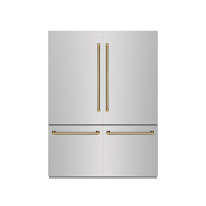 ZLINE Autograph 60" 32.2 cu. ft. French Door Built-In Bottom Freezer Refrigerator with Water Dispenser and Ice Maker in Stainless Steel with Graphite Gray Interior and Polished Gold Helix Handles, GRBIVZ-30460KG
