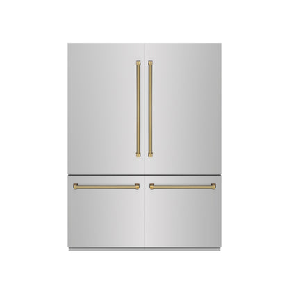 ZLINE Autograph 60" 32.2 cu. ft. French Door Built-In Bottom Freezer Refrigerator with Water Dispenser and Ice Maker in Stainless Steel with Graphite Gray Interior and Polished Gold Helix Handles, GRBIVZ-30460KG