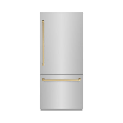 ZLINE Autograph 36" 19.8 cu. ft. Built-In Bottom Freezer Refrigerator with Water Dispenser and Ice Maker in Stainless Steel with Champagne Bronze Accents, RBITZ-304-36CB