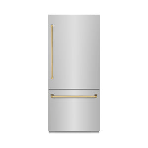 ZLINE Autograph 36" 19.8 cu. ft. Built-In Bottom Freezer Refrigerator with Water Dispenser and Ice Maker in Stainless Steel with Polished Gold Accents, RBITZ-304-36G
