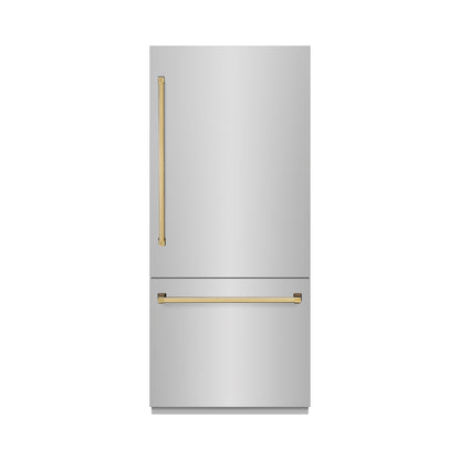 ZLINE Autograph 36" 19.8 cu. ft. Built-In Bottom Freezer Refrigerator with Water Dispenser and Ice Maker in Stainless Steel with Polished Gold Accents, RBITZ-304-36G