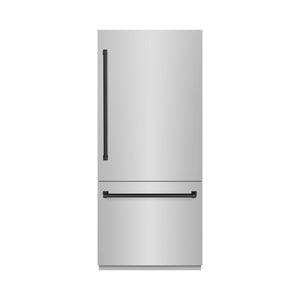 ZLINE Autograph 36" 19.8 cu. ft. Built-In Bottom Freezer Refrigerator with Water Dispenser and Ice Maker in Stainless Steel with Matte Black Accents, RBITZ-304-36MB