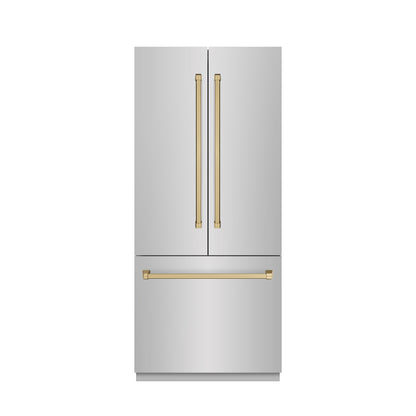 ZLINE Autograph 36" 19.6 cu. ft. French Door Built-In Bottom Freezer Refrigerator with Water Dispenser and Ice Maker in Stainless Steel with Stainless Steel Interior and Champagne Bronze Accents, SRBIVZ-304-36CB