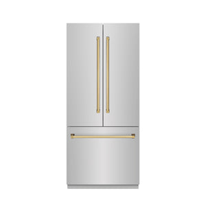 ZLINE Autograph 36" 19.6 cu. ft. French Door Built-In Bottom Freezer Refrigerator with Water Dispenser and Ice Maker in Stainless Steel with Stainless Steel Interior and Polished Gold Accents, SRBIVZ-304-36G