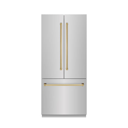 ZLINE Autograph 36" 19.6 cu. ft. French Door Built-In Bottom Freezer Refrigerator with Water Dispenser and Ice Maker in Stainless Steel with Stainless Steel Interior and Polished Gold Accents, SRBIVZ-304-36G