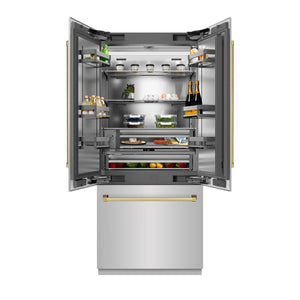 ZLINE Autograph 36" 19.6 cu. ft. French Door Built-In Bottom Freezer Refrigerator with Water Dispenser and Ice Maker in Stainless Steel with Stainless Steel Interior and Polished Gold Accents, SRBIVZ-304-36G