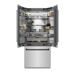 ZLINE Autograph 36" 19.6 cu. ft. French Door Built-In Bottom Freezer Refrigerator with Water Dispenser and Ice Maker in Stainless Steel with Stainless Steel Interior and Matte Black Accents, SRBIVZ-304-36MB