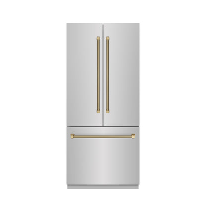 ZLINE Autograph 36" 19.6 cu. ft. French Door Built-In Bottom Freezer Refrigerator with Water Dispenser and Ice Maker in Stainless Steel with Stainless Steel Interior and Champagne Bronze Helix Handles, SRBIVZ-30436KCB