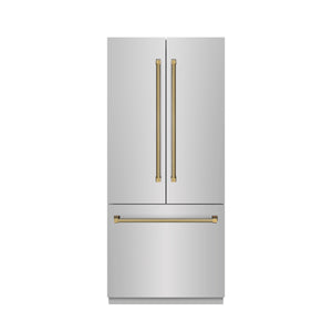 ZLINE Autograph 36" 19.6 cu. ft. French Door Built-In Bottom Freezer Refrigerator with Water Dispenser and Ice Maker in Stainless Steel with Stainless Steel Interior and Polished Gold Helix Handles, SRBIVZ-30436KG