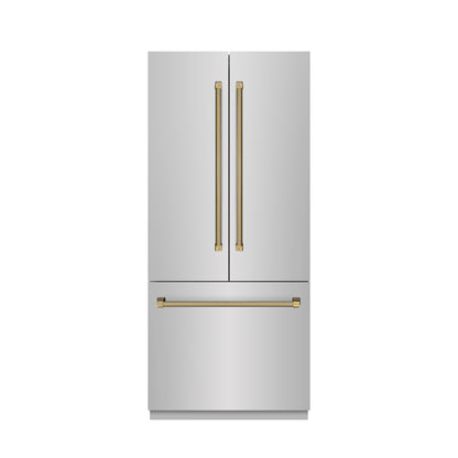 ZLINE Autograph 36" 19.6 cu. ft. French Door Built-In Bottom Freezer Refrigerator with Water Dispenser and Ice Maker in Stainless Steel with Stainless Steel Interior and Polished Gold Helix Handles, SRBIVZ-30436KG