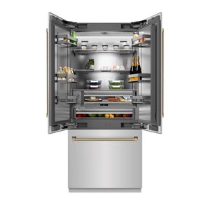 ZLINE Autograph 36" 19.6 cu. ft. French Door Built-In Bottom Freezer Refrigerator with Water Dispenser and Ice Maker in Stainless Steel with Stainless Steel Interior and Polished Gold Helix Handles, SRBIVZ-30436KG