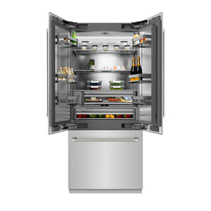 ZLINE Autograph 36" 19.6 cu. ft. French Door Built-In Bottom Freezer Refrigerator with Water Dispenser and Ice Maker in Stainless Steel with Stainless Steel Interior and Polished Nickel Helix Handles, SRBIVZ-30436KPN