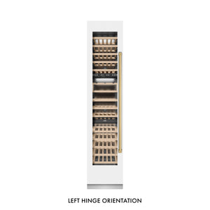 ZLINE Autograph 18" 9.0 cu. ft. Triple Zone 68 Bottle Left Hinge Column Wine Cooler in White Matte with Polished Gold Accents, RCWVLZ-WM-18-G