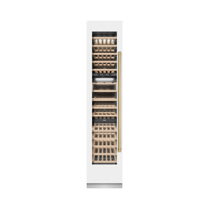 ZLINE Autograph 18" 9.0 cu. ft. Triple Zone 68 Bottle Left Hinge Column Wine Cooler in White Matte with Polished Gold Accents, RCWVLZ-WM-18-G