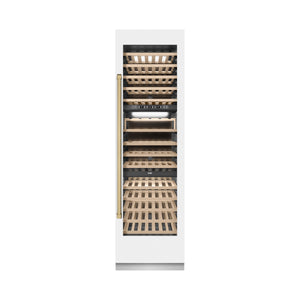 ZLINE Autograph 24" 12.4 cu. ft. Triple Zone 100 Bottle Column Wine Cooler in White Matte and Champagne Bronze Accents, RCWVZ-WM-24-CB