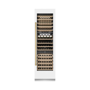 ZLINE Autograph 24" 12.4 cu. ft. Triple Zone 100 Bottle Column Wine Cooler in White Matte and Polished Gold Accents, RCWVZ-WM-24-G