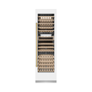 ZLINE Autograph 24" 12.4 cu. ft. Triple Zone 100 Bottle Column Wine Cooler in White Matte and Polished Gold Accents, RCWVZ-WM-24-G