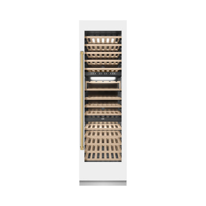 ZLINE Autograph 24" 12.4 cu. ft. Triple Zone 100 Bottle Column Wine Cooler in White Matte and Polished Gold Accents, RCWVZ-WM-24-G
