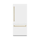 ZLINE Autograph 36" 19.8 cu. ft. Built-In Bottom Freezer Refrigerator with Water Dispenser and Ice Maker in White Matte with Graphite Gray Interior and Champagne Bronze Accents, GRBITZ-WM-36-CB