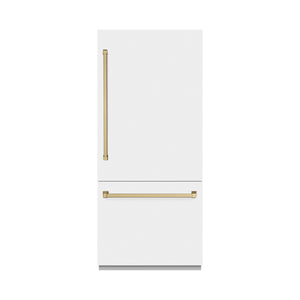 ZLINE Autograph 36" 19.8 cu. ft. Built-In Bottom Freezer Refrigerator with Water Dispenser and Ice Maker in White Matte with Graphite Gray Interior and Champagne Bronze Accents, GRBITZ-WM-36-CB