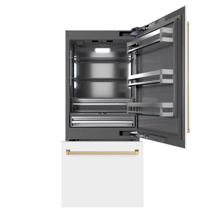 ZLINE Autograph 36" 19.8 cu. ft. Built-In Bottom Freezer Refrigerator with Water Dispenser and Ice Maker in White Matte with Graphite Gray Interior and Champagne Bronze Accents, GRBITZ-WM-36-CB