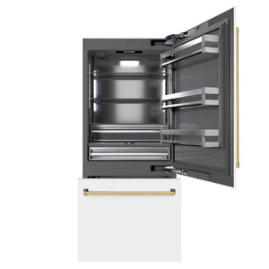 ZLINE Autograph 36" 19.8 cu. ft. Built-In Bottom Freezer Refrigerator with Water Dispenser and Ice Maker in White Matte with Graphite Gray Interior and Polished Gold Accents, GRBITZ-WM-36-G