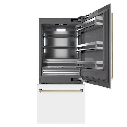 ZLINE Autograph 36" 19.8 cu. ft. Built-In Bottom Freezer Refrigerator with Water Dispenser and Ice Maker in White Matte with Graphite Gray Interior and Polished Gold Accents, GRBITZ-WM-36-G