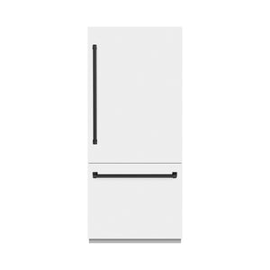 ZLINE Autograph 36" 19.8 cu. ft. Built-In Bottom Freezer Refrigerator with Water Dispenser and Ice Maker in White Matte with Graphite Gray Interior and Matte Black Accents, GRBITZ-WM-36-MB