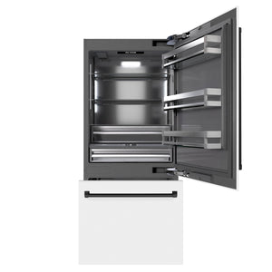 ZLINE Autograph 36" 19.8 cu. ft. Built-In Bottom Freezer Refrigerator with Water Dispenser and Ice Maker in White Matte with Graphite Gray Interior and Matte Black Accents, GRBITZ-WM-36-MB
