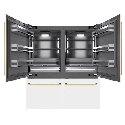 ZLINE Autograph 72" 39.6 cu. ft. French Door Built-In Bottom Freezer Refrigerator with Water Dispensers and Ice Makers in White Matte with Graphite Gray Interior and Polished Gold Accents, GRBITZ-WM-72-G