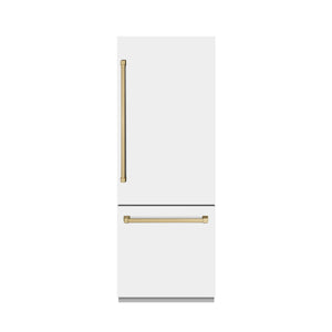 ZLINE Autograph Edition 30" 16.1 cu. ft. Built-In Bottom Freezer Refrigerator with Water Dispenser and Ice Maker in White Matte with Graphite Gray Interior and Champagne Bronze Accents, GRBIVZ-WM-30-CB