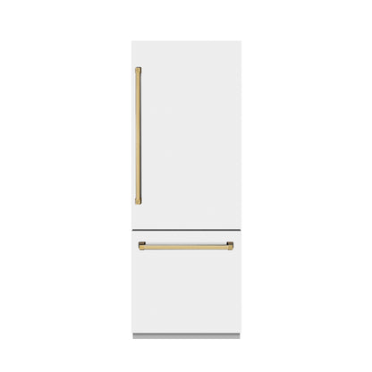 ZLINE Autograph Edition 30" 16.1 cu. ft. Built-In Bottom Freezer Refrigerator with Water Dispenser and Ice Maker in White Matte with Graphite Gray Interior and Polished Gold Accents, GRBIVZ-WM-30-G