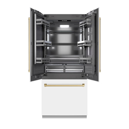 ZLINE Autograph 36" 19.6 cu. ft. French Door Built-In Bottom Freezer Refrigerator with Water Dispenser and Ice Maker in White Matte with Graphite Gray Interior and Champagne Bronze Accents, GRBIVZ-WM-36-CB
