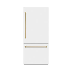 ZLINE Autograph 36" 19.8 cu. ft. Built-In Bottom Freezer Refrigerator with Water Dispenser and Ice Maker in White Matte and Champagne Bronze Accents, RBITZ-WM-36-CB