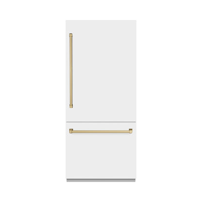 ZLINE Autograph 36" 19.8 cu. ft. Built-In Bottom Freezer Refrigerator with Water Dispenser and Ice Maker in White Matte and Champagne Bronze Accents, RBITZ-WM-36-CB