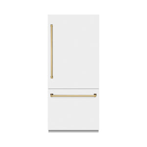 ZLINE Autograph 36" 19.8 cu. ft. Built-In Bottom Freezer Refrigerator with Water Dispenser and Ice Maker in White Matte and Polished Gold Accents, RBITZ-WM-36-G