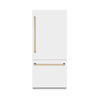 ZLINE Autograph 36" 19.8 cu. ft. Built-In Bottom Freezer Refrigerator with Water Dispenser and Ice Maker in White Matte and Polished Gold Accents, RBITZ-WM-36-G