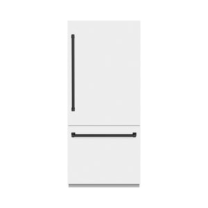 ZLINE Autograph 36" 19.8 cu. ft. Built-In Bottom Freezer Refrigerator with Water Dispenser and Ice Maker in White Matte and Matte Black Accents, RBITZ-WM-36-MB