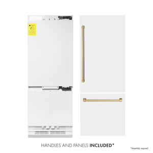 ZLINE 30 In. 16.1 cu. ft. Built-In Refrigerator with Internal Water and Ice Dispenser in White Matte with Champagne Bronze Accents, RBIVZ-WM-30-CB